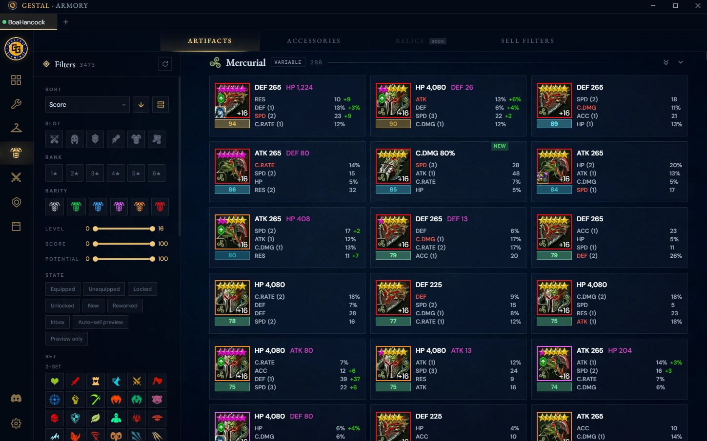 Gestal Desktop armory: the artifact pool grouped by set, every piece scored.