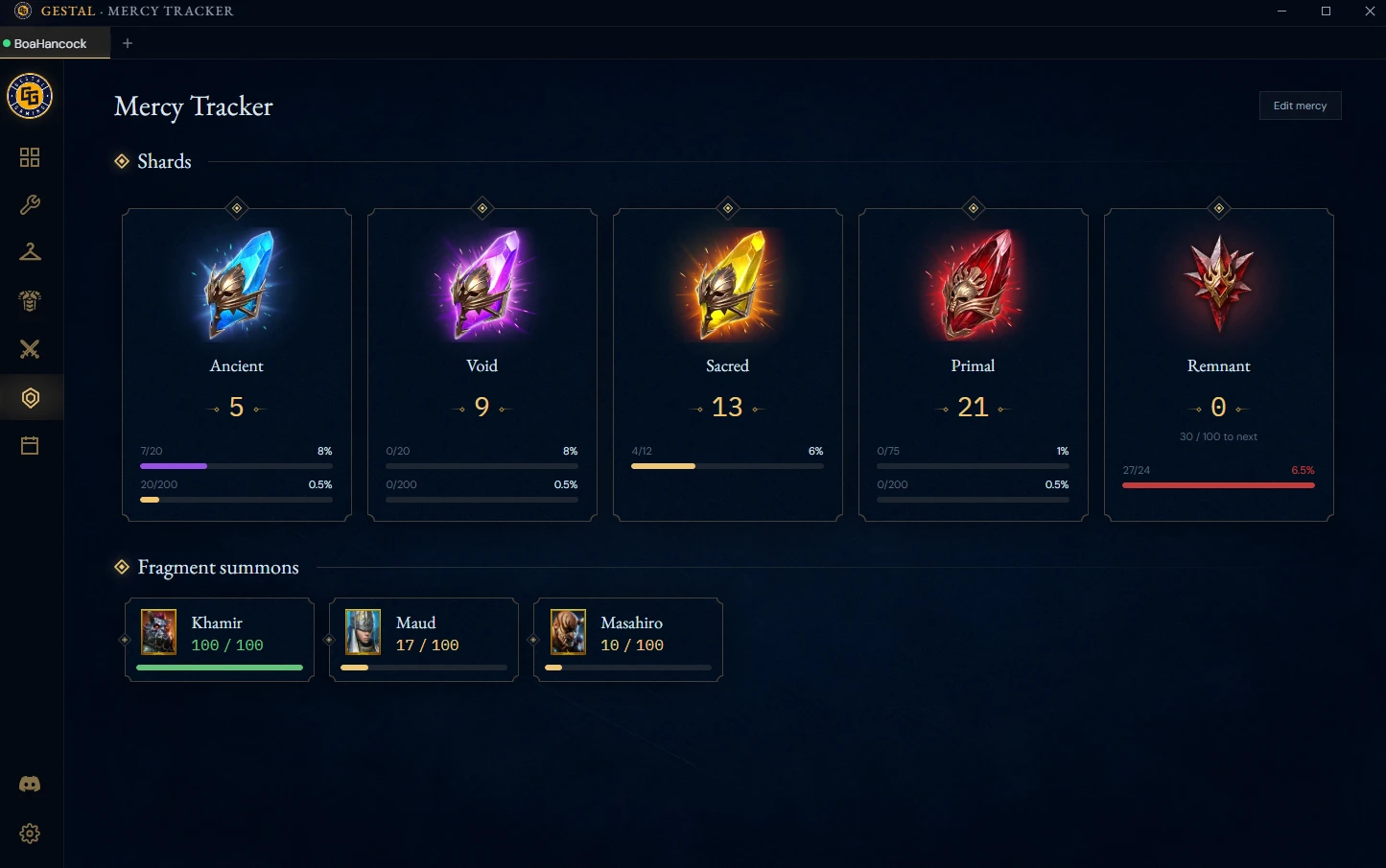 Gestal Desktop mercy tracker: pulls since the last drop for every shard type.