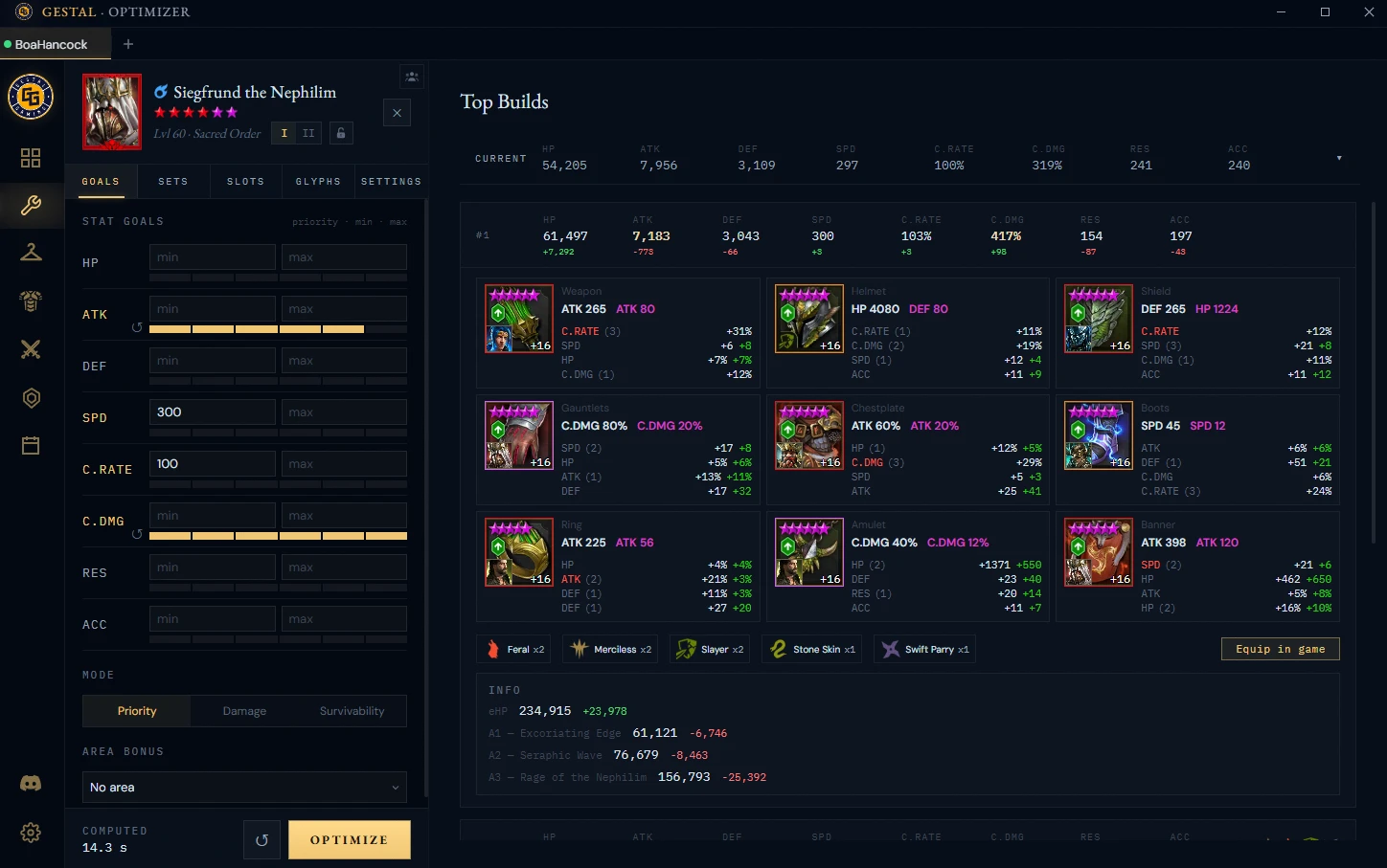 Gestal Desktop gear optimizer: stat goals on the left, ranked builds with per-slot gear on the right.