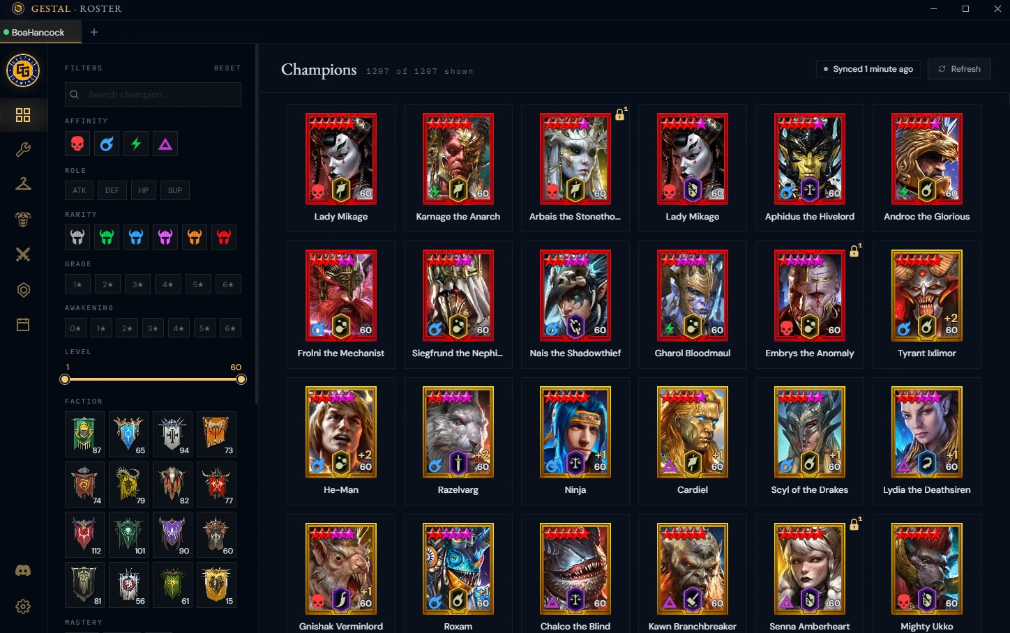Gestal Desktop roster: 1,207 champions with affinity, role, rarity and faction filters.
