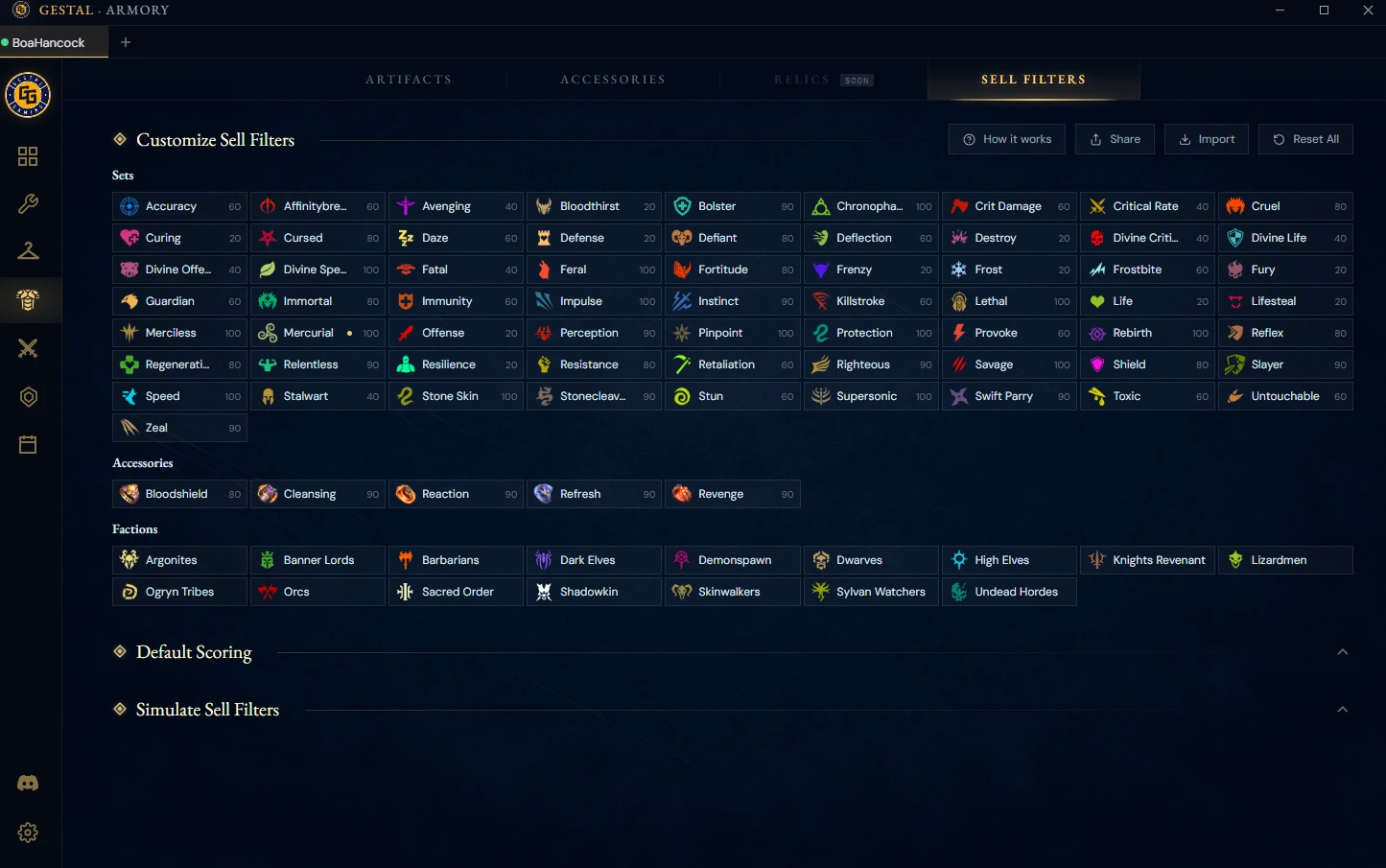 Gestal Desktop sell filters: a weight per set, per accessory and per faction.