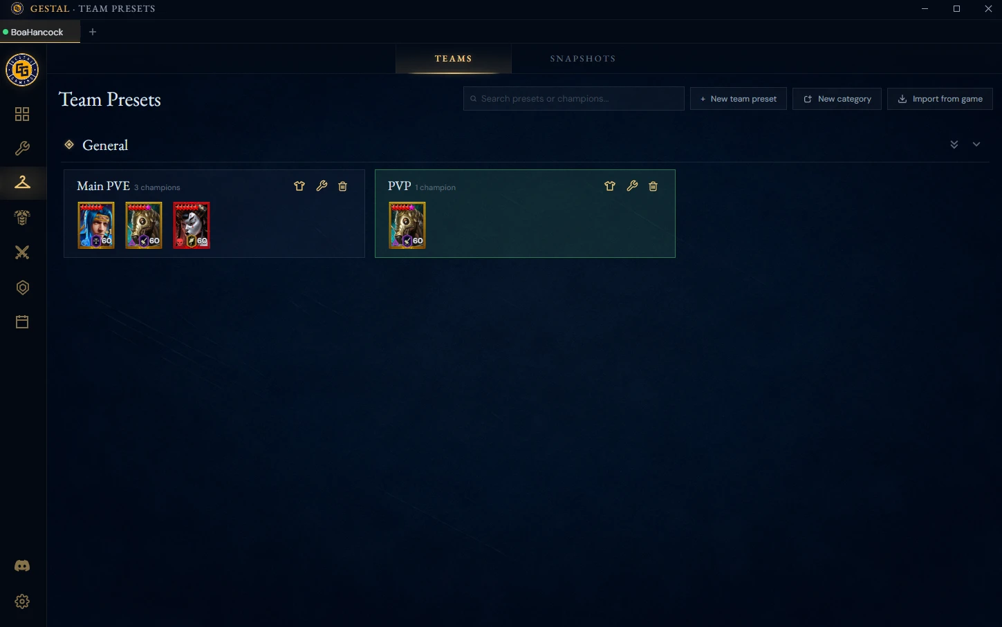 Gestal Desktop team presets: saved teams grouped into categories, each card holding its champions.