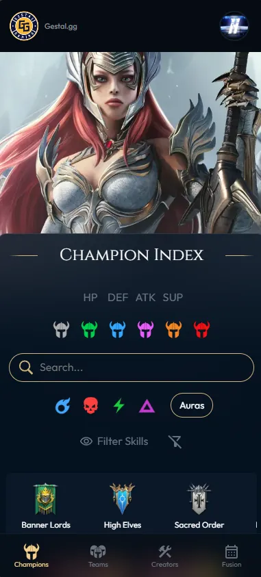 Gestal.gg on a phone: the champion index in a single column.