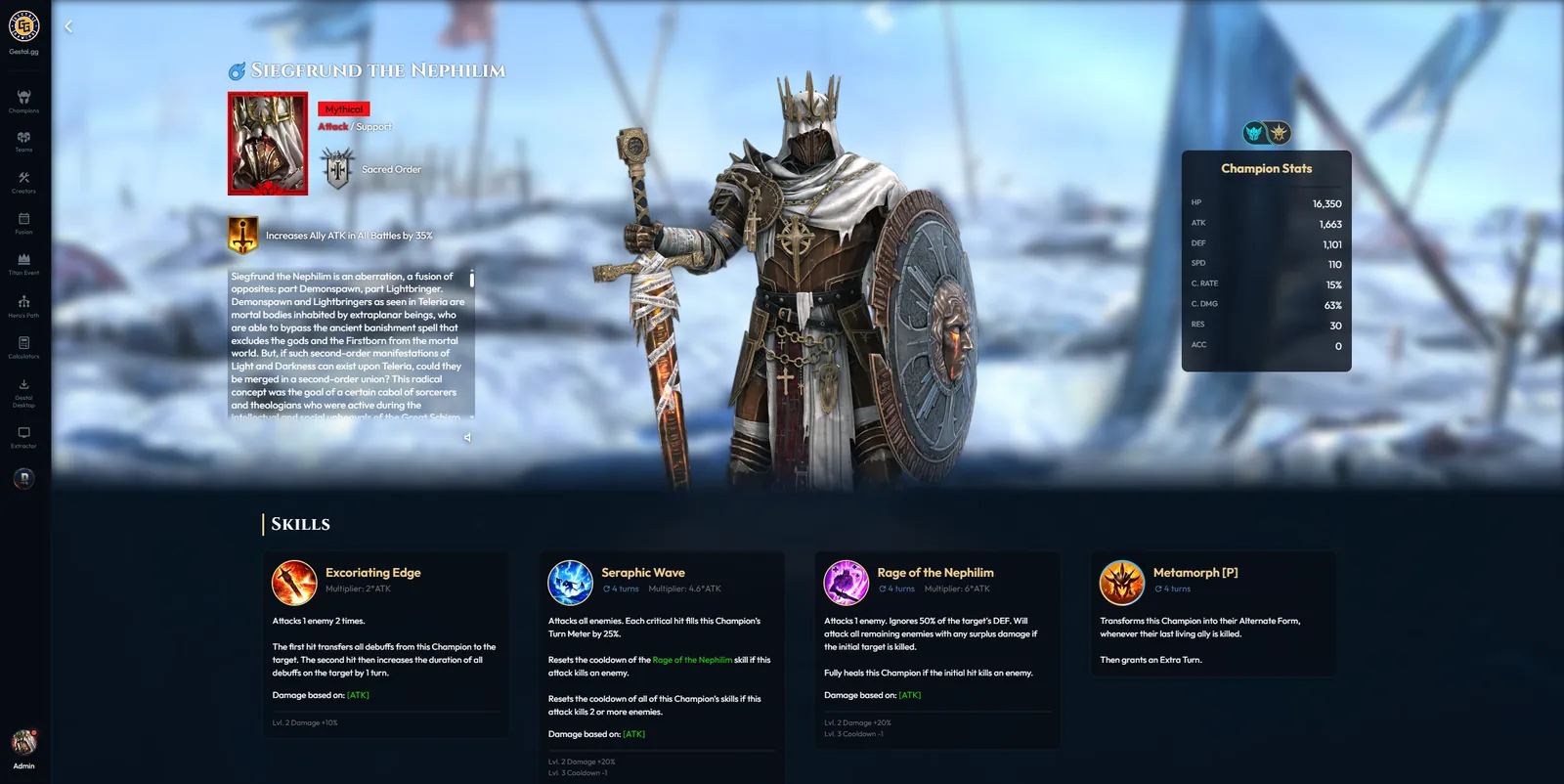 Gestal.gg champion detail page: stats, lore and skill breakdowns.