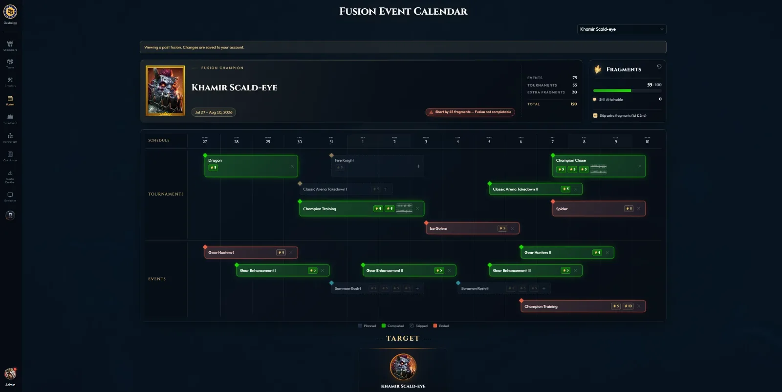 Gestal.gg fusion event calendar: every tournament and event on a schedule, tracked against the fragments a fusion needs.
