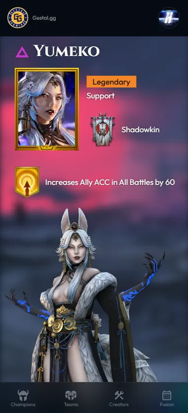 Gestal.gg on a phone: a champion detail page under the full splash art.