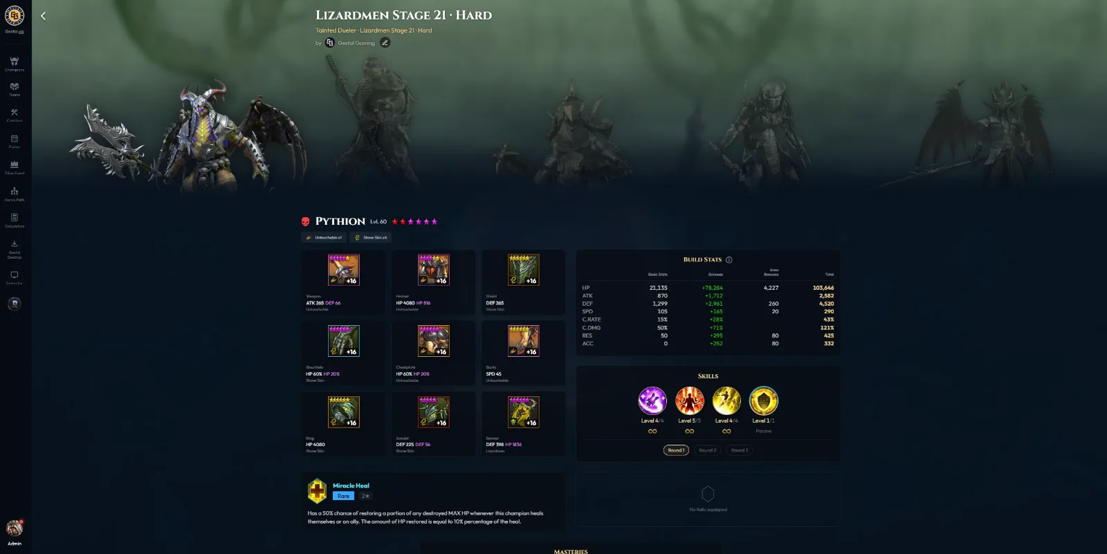 Gestal.gg team detail: every champion with its gear, build stats, skills and masteries.