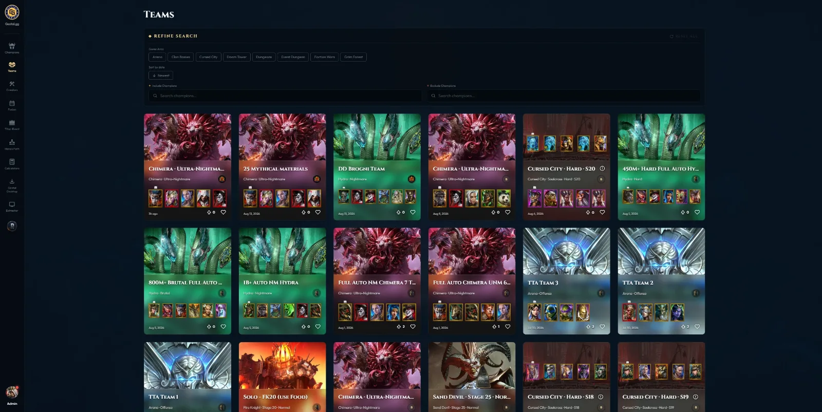 Gestal.gg teams: community team builds filtered by game area, each card showing its champions.