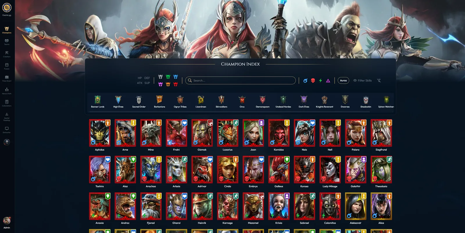Gestal.gg champion index: faction crests, filters and a grid of champion cards.