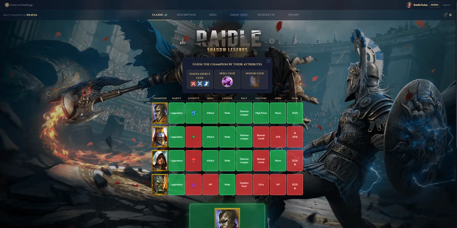 Raidle.today in classic mode: a grid of guessed champions, each attribute column scored.